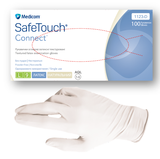 Рукавички оглядові латексні текстуровані хлоровані без пудри нестерильні SafeTouch® Connect™ (розмір M) (500пар/ящ)